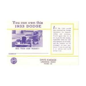  1933 DODGE Used Cars Post Card Sales Piece: Automotive