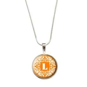 Letter L Initial Orange and White Scrolls Pendant with Sterling Silver 