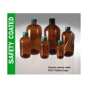 Plastic Coated Amber Glass Bottles, 8 oz (250 mL), Green Teflon Lined 