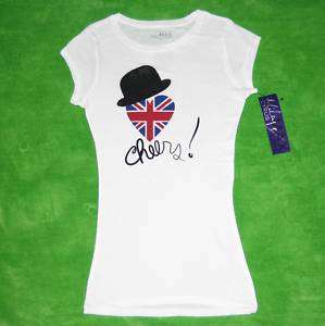   Cyrus Max Azria UK Flag Heart Cheers T Shirt Tee Junior Size S M L XL