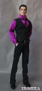 Black  striped Suit Trousers with pockets and Waistcoat Purple Shirt 