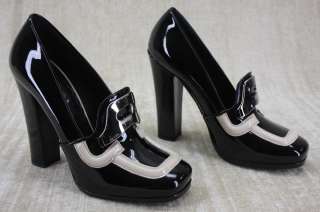 Womens Prada Black Ivory Patent Leather Pilgrim Buckle Pumps Heels 36 