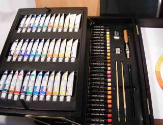 COMPLETE ART STUDIO IN A FOLD OUT HEAVY WOOD CASE Watercolors Crayons 