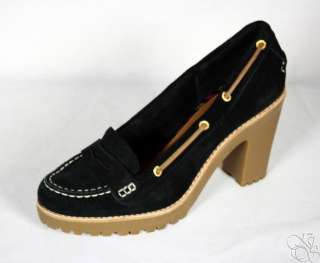 SPERRY Top Sider Darlington Black Suede Heels Loafers Womens Shoes New 