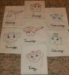 Set of 7 Vintage Days of the Week Embroidered Tea or Dish Towels NEW 