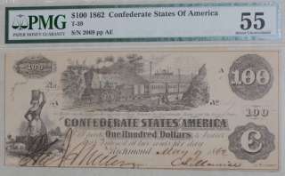 1862 $100 Confederate Note AU55 PMG T 39 Cr.289 R.2  