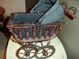   Doll Prom Buggy Probably Pre 1940s Wood, Iron Cotton+Wicker.  