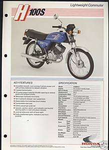 Honda UK H100S (1983) Data Sheet/Brochure H100,H 100 S  