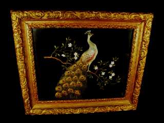 TURN OF THE CENTURY HAND EMBROIDERED PEACOCK PICTURE ORIGINAL ORNATE 