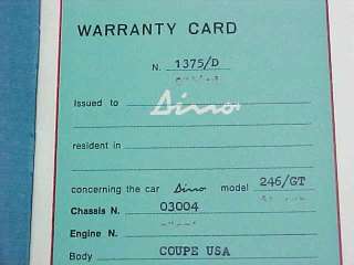 Ferrari 246 Owners Manual Pouch Part Book Warranty Card  