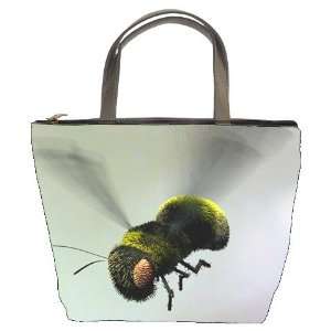   Black Leather Bucket Bag Handbag Purse 3D Image Fly Bee Flying Animal