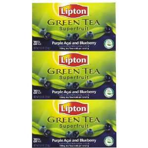Lipton Green Tea Bags, Superfruit, Purple Acai & Blueberry, 20 ct, 3 