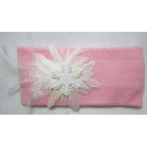 Girls Pink Winter Knit Ear Warmer Headband with White Feathers and 
