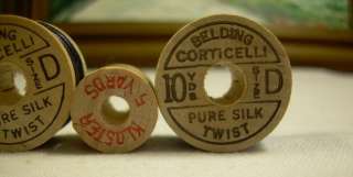 VINTAGE Button + Buttonhole SILK THREAD wood spools BELDING CORTICELLI 