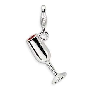   Silver 3 D Enameled Red Wine Glass with Lobster Clasp Charm Jewelry