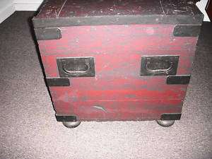 ANTIQUE LGE IRON BOUND WOOD GRAIN PAINTED CHEST / TRUNK  