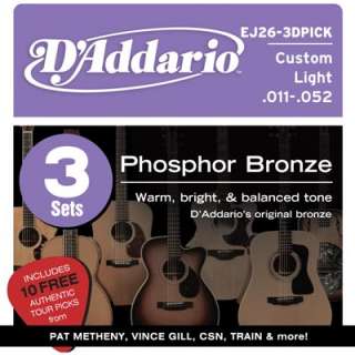   Addario Custom Light Acoustic Strings & FREE Tour Picks (EJ26 3D Pick