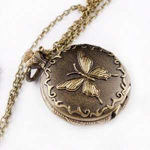 Large Charm Brass Butterfly Carve Vintage Style Pocket Watch Necklace 