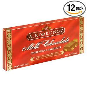 Korkunov Milk With Whole Hazelnut Chocolate, 3.5 Ounce Bar (Pack of 12 