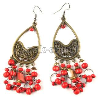 New Tibet style tibet silver red wood beads earrings #487  
