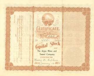 The Argus Mines Co, Idaho Springs Colorado CO Stock Certificate  