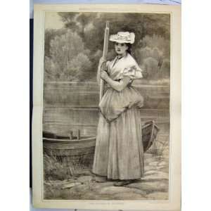  Country River Scene Ferrymans Daughter 1873 Antique
