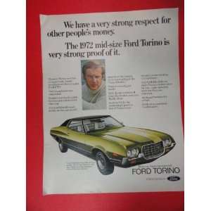 1972 Ford Torino print Ad (green car/man.) Orinigal Vintage Magazine 