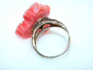 VINTAGE CARVED CORAL STERLING SILVER GOLD PLATED RING  