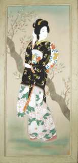 Antique Japanese Geisha Signed Watercolor Ink 19th C  