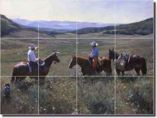 Fawcett Western Cowboys Horses Ceramic Tile Mural Backsplash 24x18 