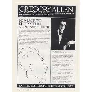  1986 Pianist Gregory Allen Homage to Rubinstein Print Ad 
