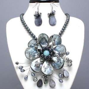   Decorative Gray Flower Statement Necklace and Earrings Set  