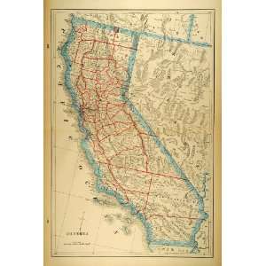  1893 Print Map Antique California State Counties Cities 