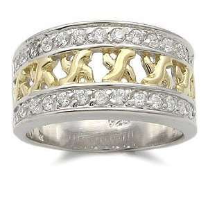 Cubic Zirconia Bands   Two Toned Designer Sterling Silver Pave CZ Band 