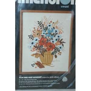   CREWEL EMBROIDERY KIT #1231 Blue and Rust Bouquet by Gloria Eriksen