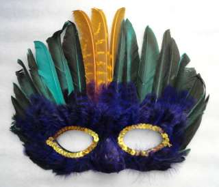 Fun Party PURPLE Gold Green FEATHERS & Gold Sequin Mardi Gras MASK 