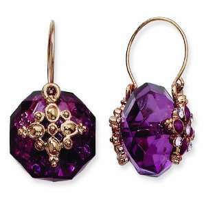   Light & Dark Purple Crystal Drop Enamel Flower Wire Earrings: Jewelry