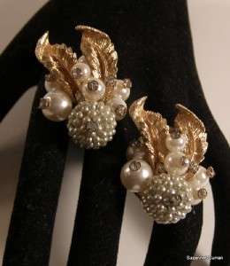 Vintage VENDOME Rhinestone & Faux Pearl Clip Goldtone Earrings  