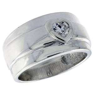 Sterling Silver Wide Band Ring w/ Heart CZ (Available in Sizes 6 to 10 