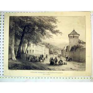   Antique French Print Buildings Stately Home People Dog