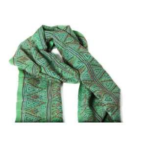  Green Geometric Pattern Kantha Silk Scarf (Red and White 