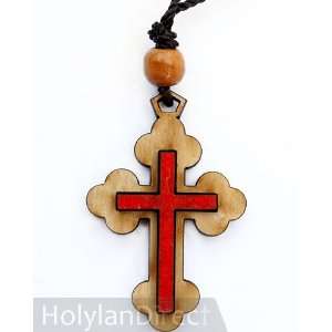  Olive Wood Bottony Cross with Prominent Red Cross 