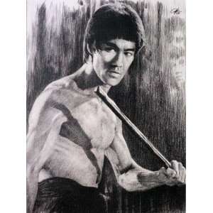 Bruce Lee Fighting Sketch Portrait, Charcoal Graphite Pencil Drawing 