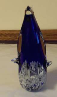 Crystal Art Glass Cobalt blue white Penguin Paperweight with Two Baby 