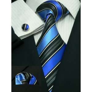 Landisun 69H Black Blue Stripes Mens Silk Tie Set: Tie+Hanky+Cufflinks 