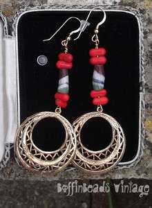   Gras red coral glass sand cast Africa Trade stick beads HOOP EARRINGS