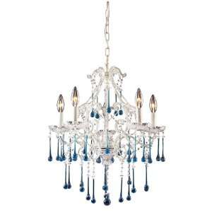  5 Light Chandelier In Antique White And Aqua Crystal