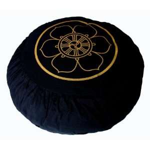 Round Zafu Meditation Cushion   Dharma Wheel In Lotus   Black 