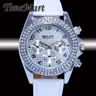 MILER LADIES BLING CRYSTAL LEATHER BAND QUARTZ WRIST WATCH SILVER NEW 