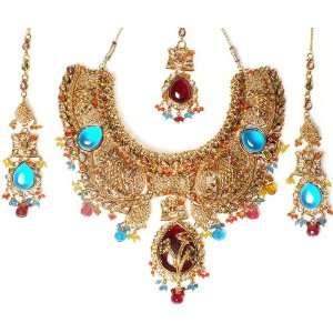 Multi Color Bridal Necklace, Tika and Earrings Set with Large Cyan and 